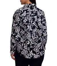 Foxcroft Plus Size Margie Cotton Sateen Abstract Daisy Point Collar Long Sleeve Button Front Shirt