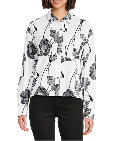 Foxcroft Marina Cotton Sateen Wrinkle Free Printed Point Collar Long Sleeve Button-Front Shirt