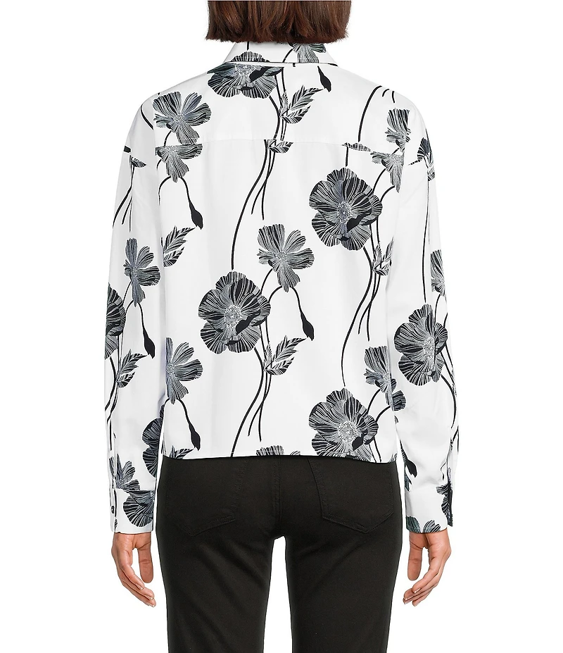 Foxcroft Marina Cotton Sateen Wrinkle Free Printed Point Collar Long Sleeve Button-Front Shirt