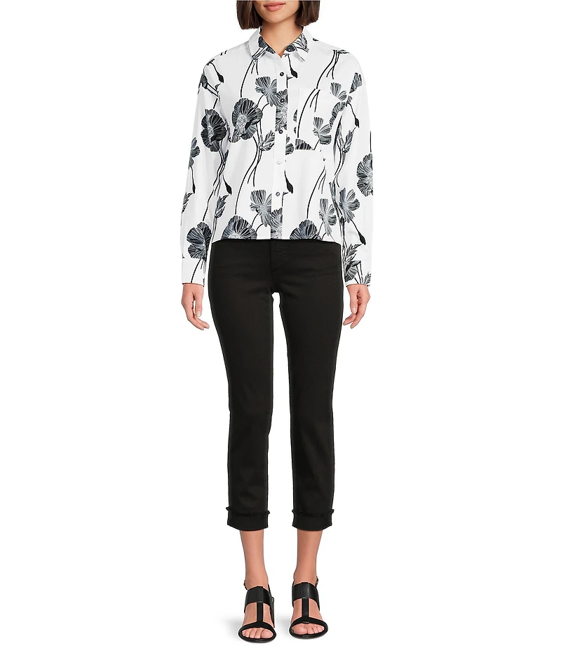 Foxcroft Marina Cotton Sateen Wrinkle Free Printed Point Collar Long Sleeve Button-Front Shirt