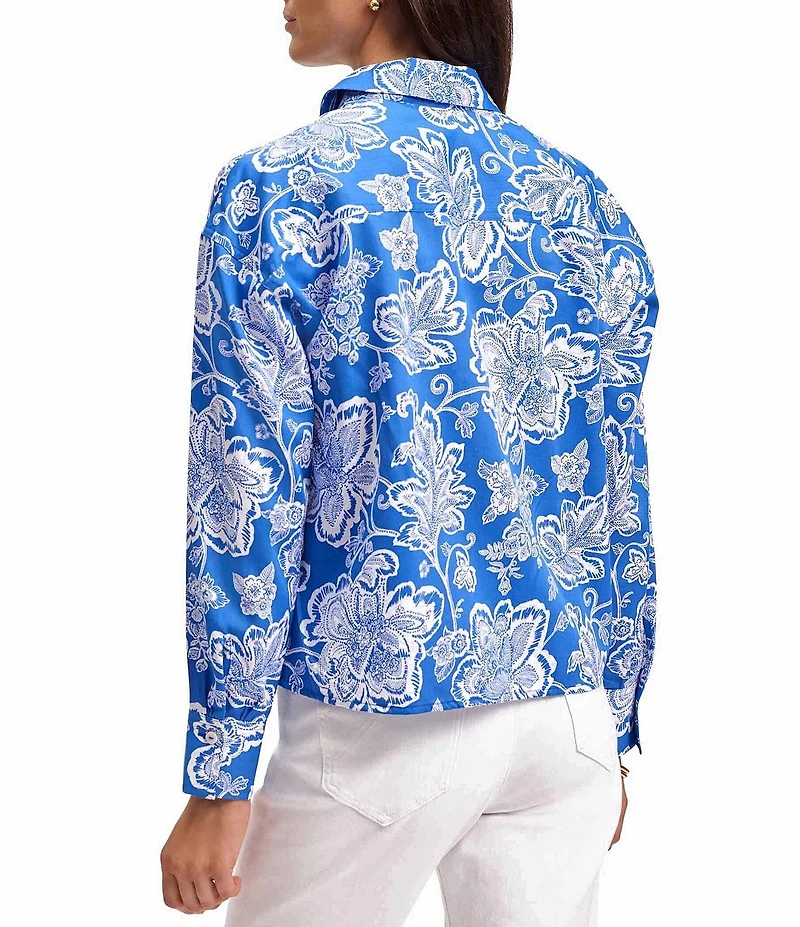 Foxcroft Marina Wrinkle-Free Floral Cotton Sateen Point Collar Long Sleeve Button-Front Shirt