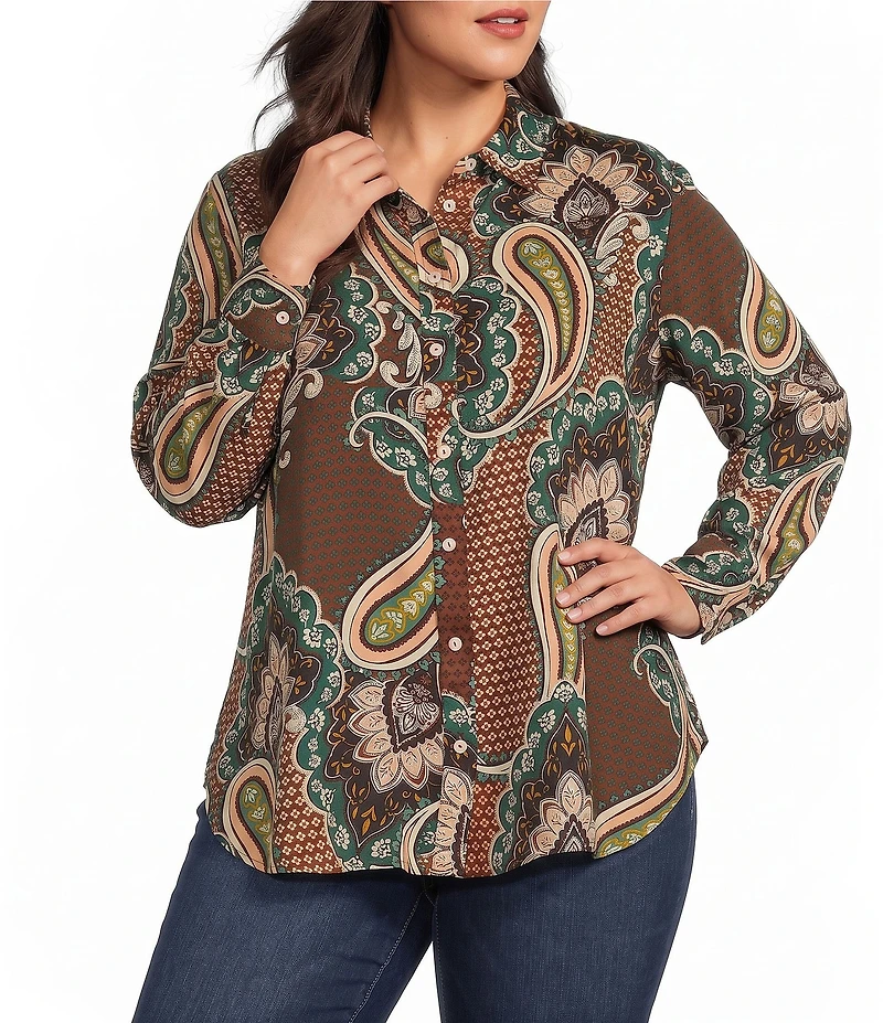 Foxcroft Plus Size Meghan Tencel Twill Autumn Paisley Point Collar Long Sleeve Button Front Shirt