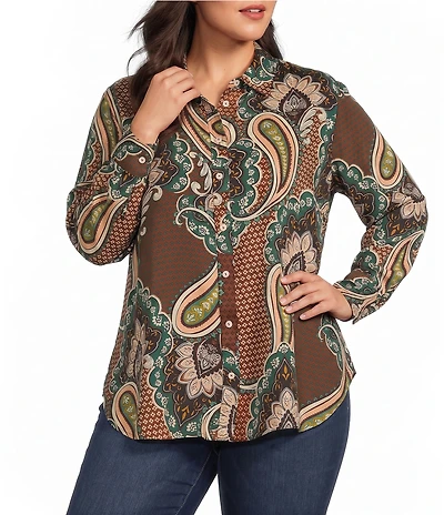 Foxcroft Plus Size Meghan Tencel Twill Autumn Paisley Point Collar Long Sleeve Button Front Shirt
