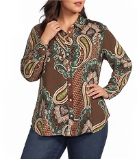 Foxcroft Plus Size Meghan Tencel Twill Autumn Paisley Point Collar Long Sleeve Button Front Shirt