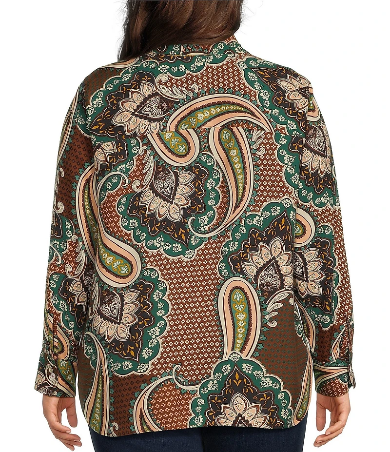 Foxcroft Plus Size Meghan Tencel Twill Autumn Paisley Point Collar Long Sleeve Button Front Shirt