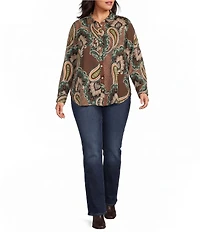 Foxcroft Plus Size Meghan Tencel Twill Autumn Paisley Point Collar Long Sleeve Button Front Shirt