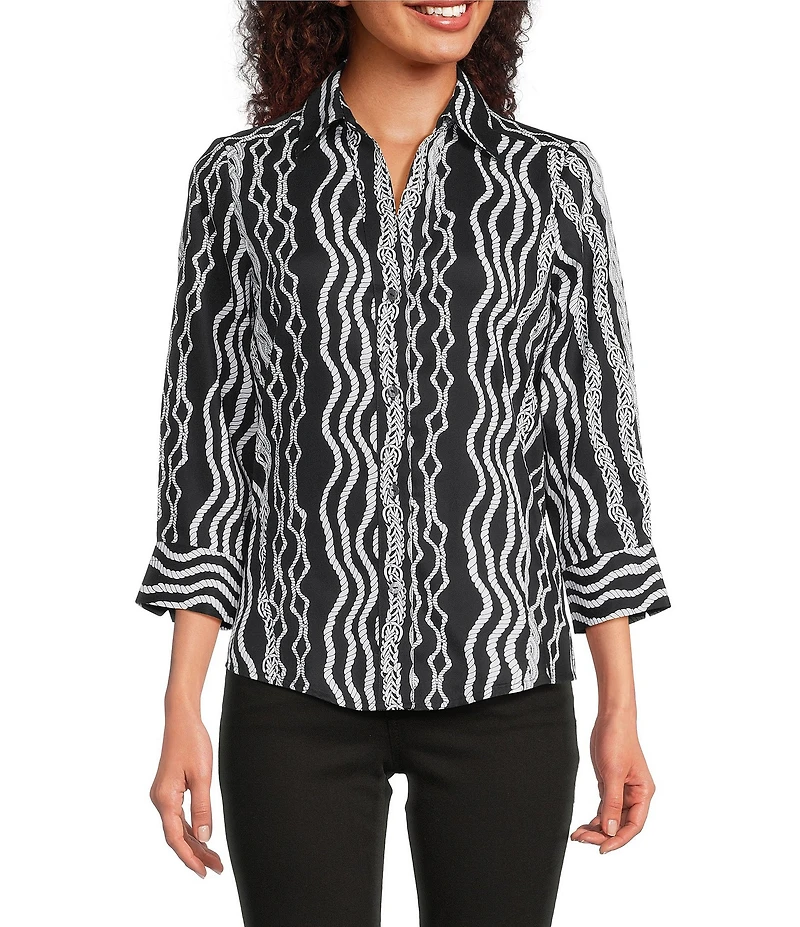 Foxcroft Paityn Cotton Sateen Braided Belt Wrinkle Free Point Collar 3/4 Sleeve Button Front Shirt