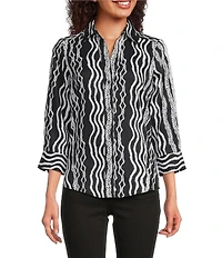Foxcroft Paityn Cotton Sateen Braided Belt Wrinkle Free Point Collar 3/4 Sleeve Button Front Shirt