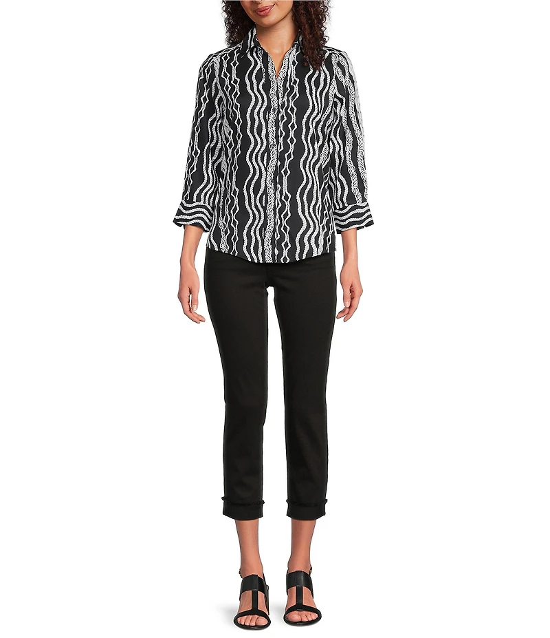 Foxcroft Paityn Cotton Sateen Braided Belt Wrinkle Free Point Collar 3/4 Sleeve Button Front Shirt