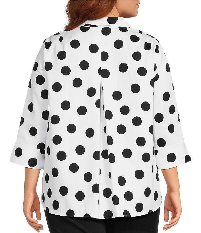 Foxcroft Plus Size Agnes Cotton Sateen Allover Polka Dot Wing Collar 3/4 Turn-Up Cuff Sleeve Blouse
