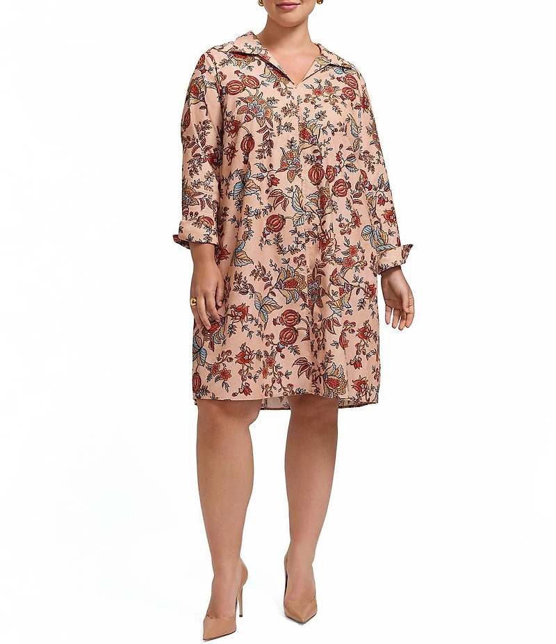 Foxcroft Plus Size Agnes Floral Autumn Print Long Sleeve Corduroy Dress