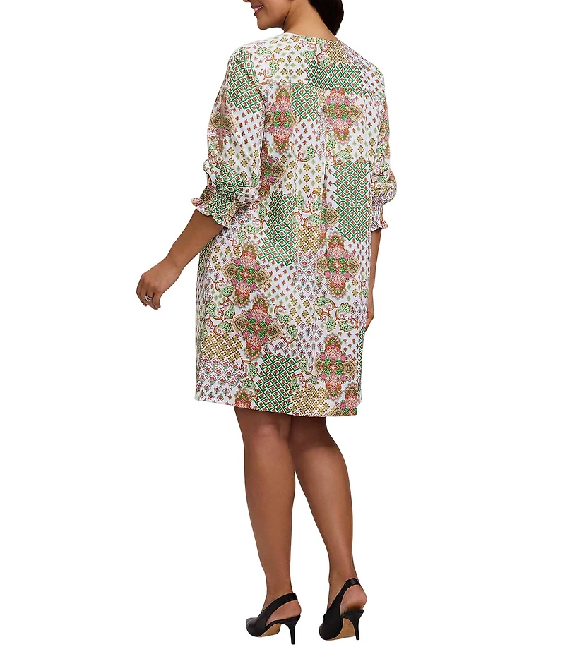 Foxcroft Plus Size Alicia Cotton Patchwork V-Neck 3/4 Cuffed Sleeve Shift Dress