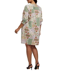 Foxcroft Plus Size Alicia Cotton Patchwork V-Neck 3/4 Cuffed Sleeve Shift Dress