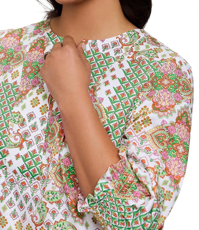Foxcroft Plus Size Alicia Cotton Patchwork V-Neck 3/4 Cuffed Sleeve Shift Dress