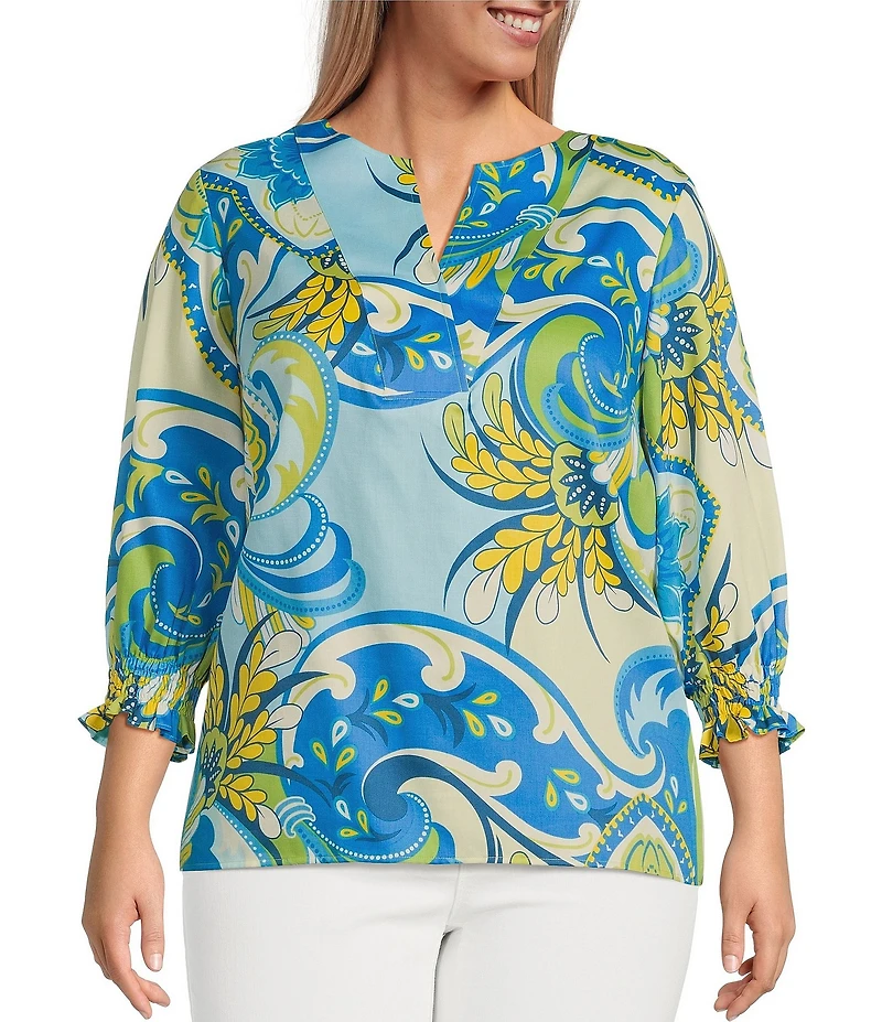 Foxcroft Plus Size Alicia Cotton Sateen Multi Flower Collage Print Split V-Neck 3/4 Sleeve Top