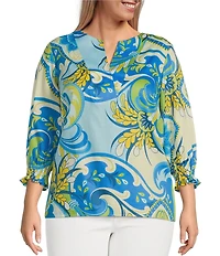 Foxcroft Plus Size Alicia Cotton Sateen Multi Flower Collage Print Split V-Neck 3/4 Sleeve Top