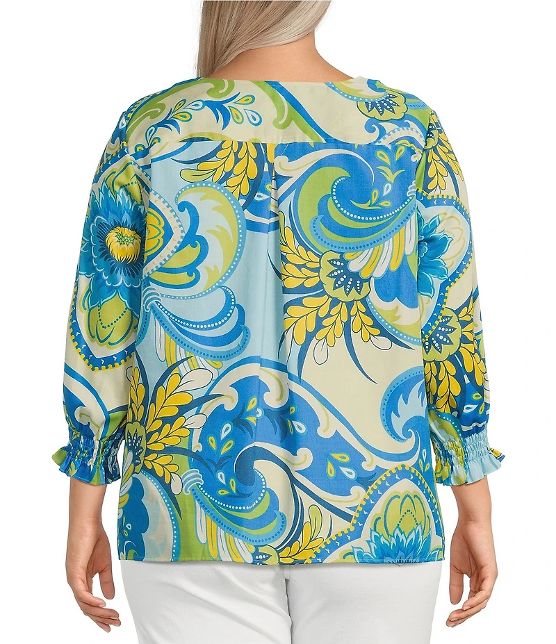 Foxcroft Plus Size Alicia Cotton Sateen Multi Flower Collage Print Split V-Neck 3/4 Sleeve Top