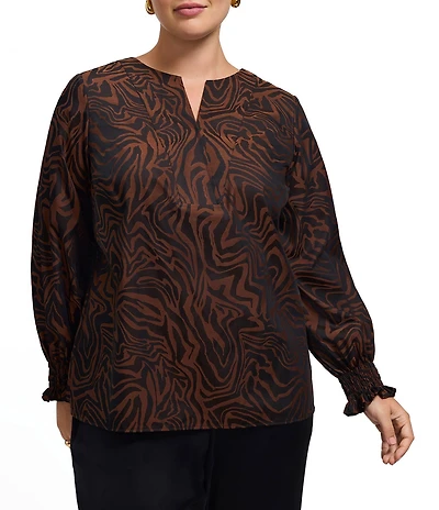 Foxcroft Plus Size Alicia Sateen Zebra Print Split V-Neck 3/4 Sleeve Top