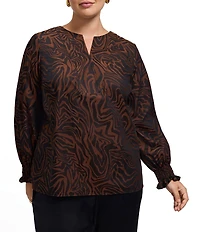 Foxcroft Plus Size Alicia Sateen Zebra Print Split V-Neck 3/4 Sleeve Top