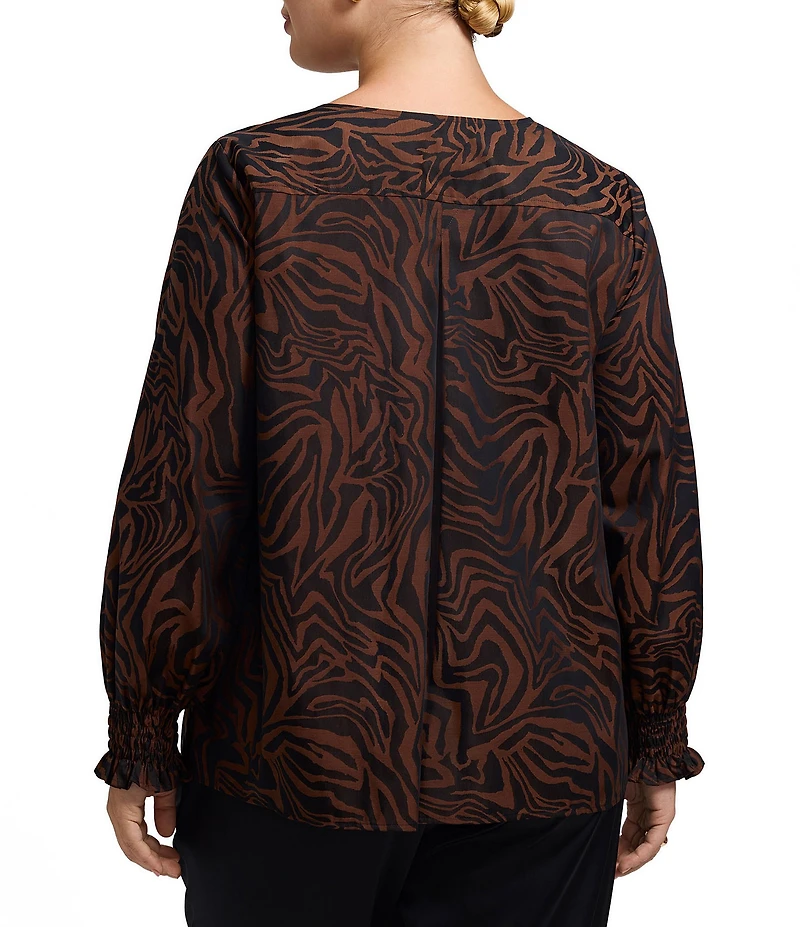 Foxcroft Plus Size Alicia Sateen Zebra Print Split V-Neck 3/4 Sleeve Top