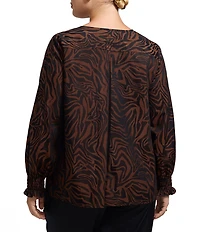 Foxcroft Plus Size Alicia Sateen Zebra Print Split V-Neck 3/4 Sleeve Top
