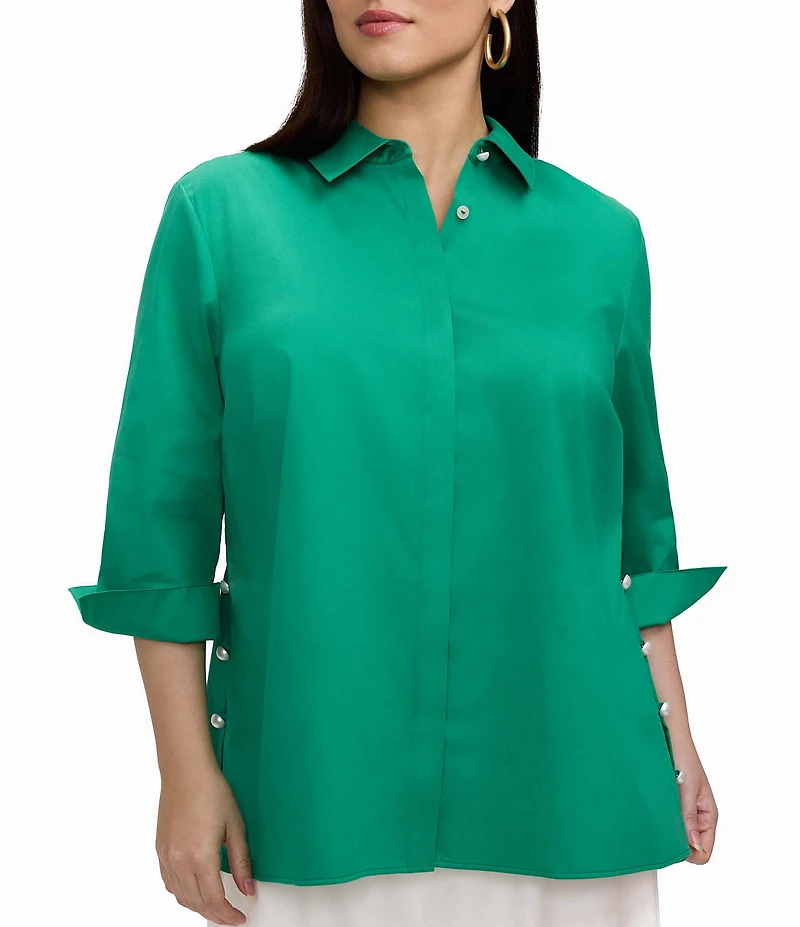 Foxcroft Plus Size Beatrice Matte Sateen Point Collar 3/4 Turn-Up Cuff Hidden Button Front Blouse