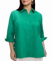 Foxcroft Plus Size Beatrice Matte Sateen Point Collar 3/4 Turn-Up Cuff Hidden Button Front Blouse