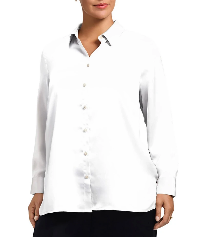 Foxcroft Plus Size Bianca Luxe-Satin Beyond Silk Point Collar Long Sleeve Shirt