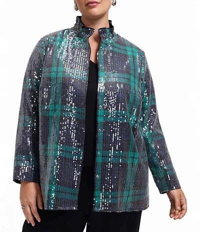 Foxcroft Plus Size Carolina Sequinned Buffalo Plaid Print Stand Collar Long Sleeve Snap-Front Shacket