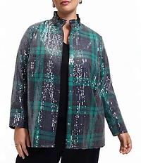 Foxcroft Plus Size Carolina Sequinned Buffalo Plaid Print Stand Collar Long Sleeve Snap-Front Shacket
