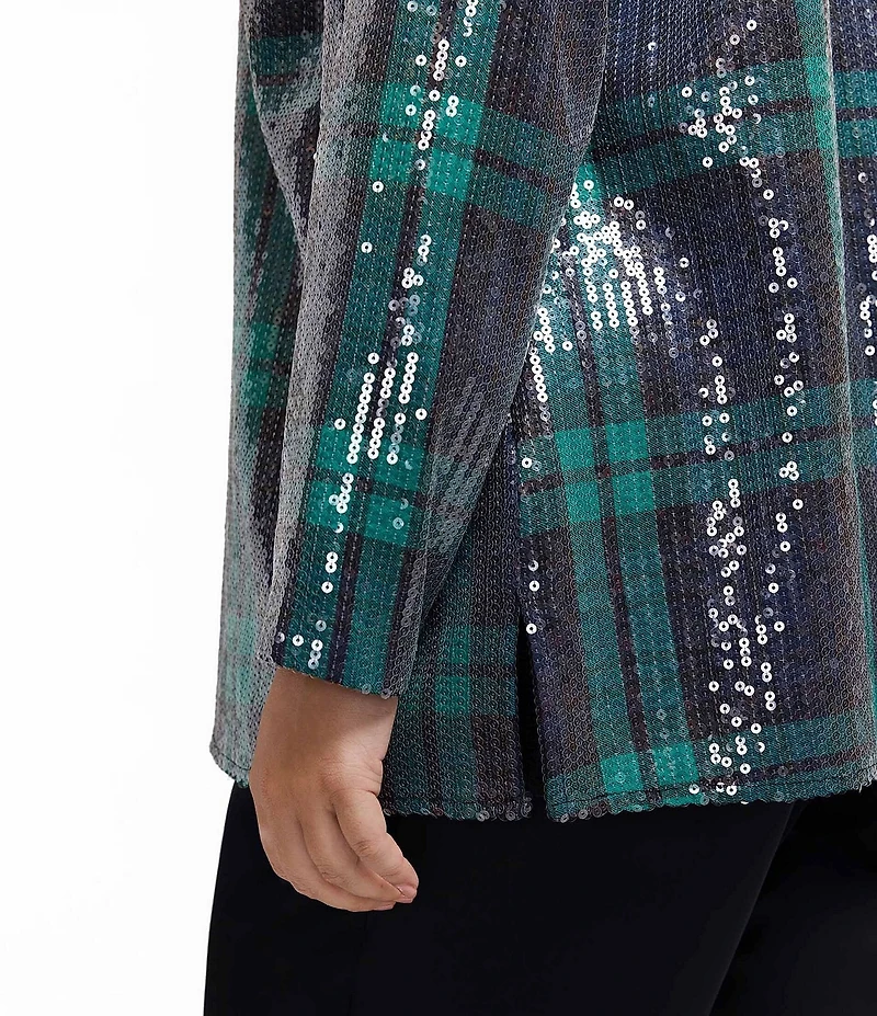Foxcroft Plus Size Carolina Sequinned Buffalo Plaid Print Stand Collar Long Sleeve Snap-Front Shacket