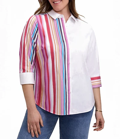 Foxcroft Plus Size Charlie Half Varigated Multicolor Panel Stripe 3/4 Sleeve Button Front Blouse