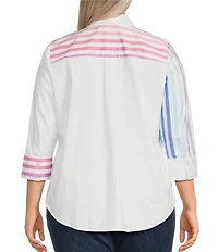 Foxcroft Plus Size Charlie Ombre Stripe Print Point Collar 3/4 Sleeve Button-Front Shirt