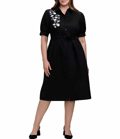 Foxcroft Plus Size Cotton-Blend Embroidered Collared Puff Sleeve Button-Front Shirt Dress
