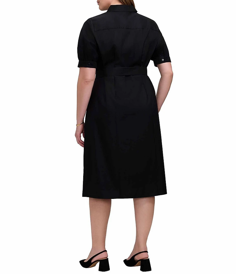 Foxcroft Plus Size Cotton-Blend Embroidered Collared Puff Sleeve Button-Front Shirt Dress