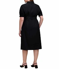 Foxcroft Plus Size Cotton-Blend Embroidered Collared Puff Sleeve Button-Front Shirt Dress