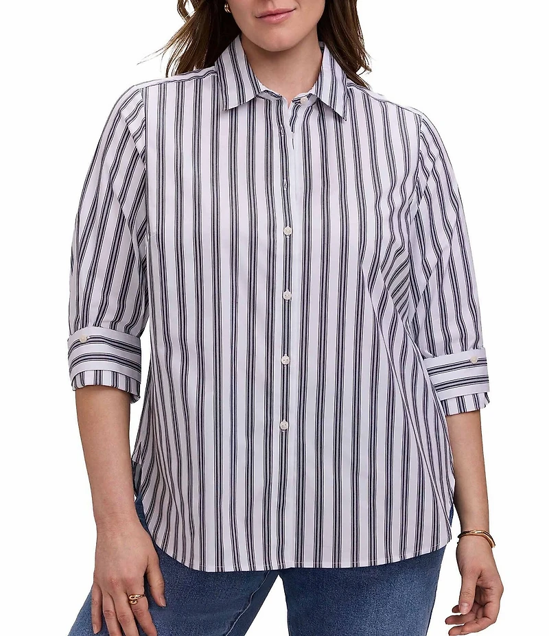 Foxcroft Plus Size Cotton-Blend Varigated Stripe Collared 3/4 Sleeve Button-Front Blouse