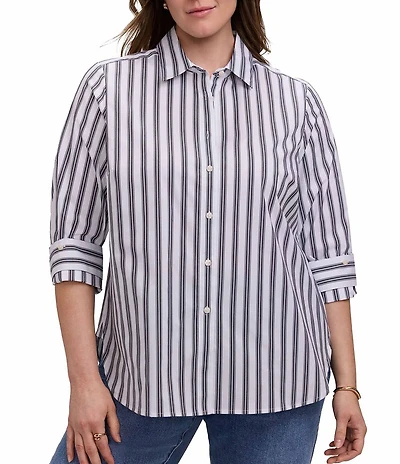 Foxcroft Plus Size Cotton-Blend Varigated Stripe Collared 3/4 Sleeve Button-Front Blouse