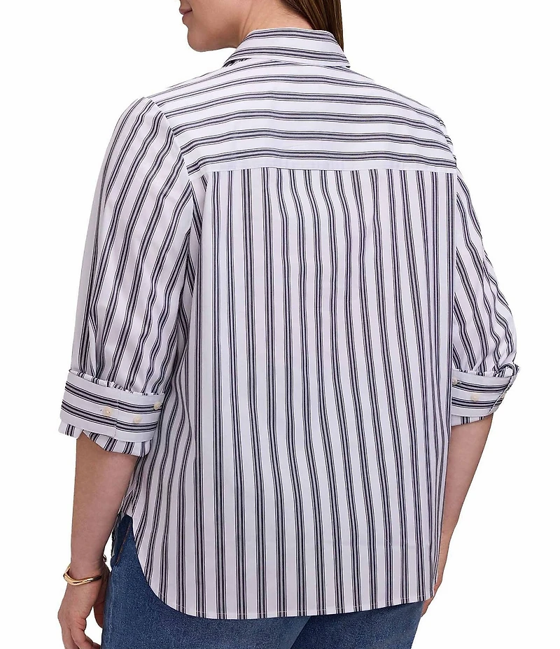 Foxcroft Plus Size Cotton-Blend Varigated Stripe Collared 3/4 Sleeve Button-Front Blouse