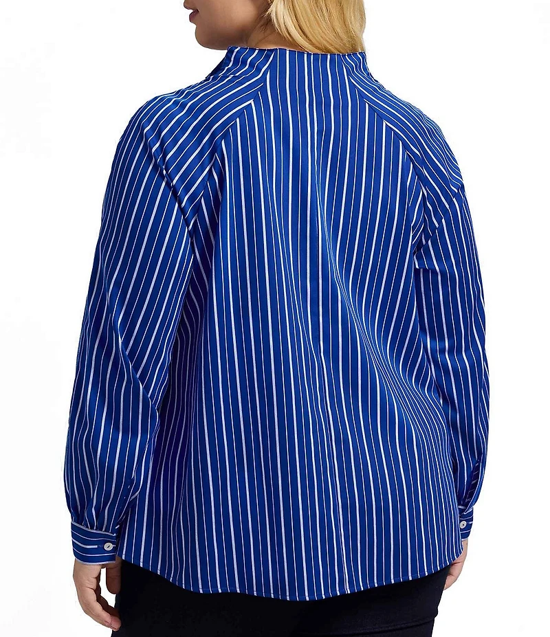 Foxcroft Plus Size Daphne Stripe Print Split V-Neck Long Sleeve Popover Top