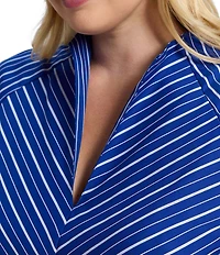 Foxcroft Plus Size Daphne Stripe Print Split V-Neck Long Sleeve Popover Top