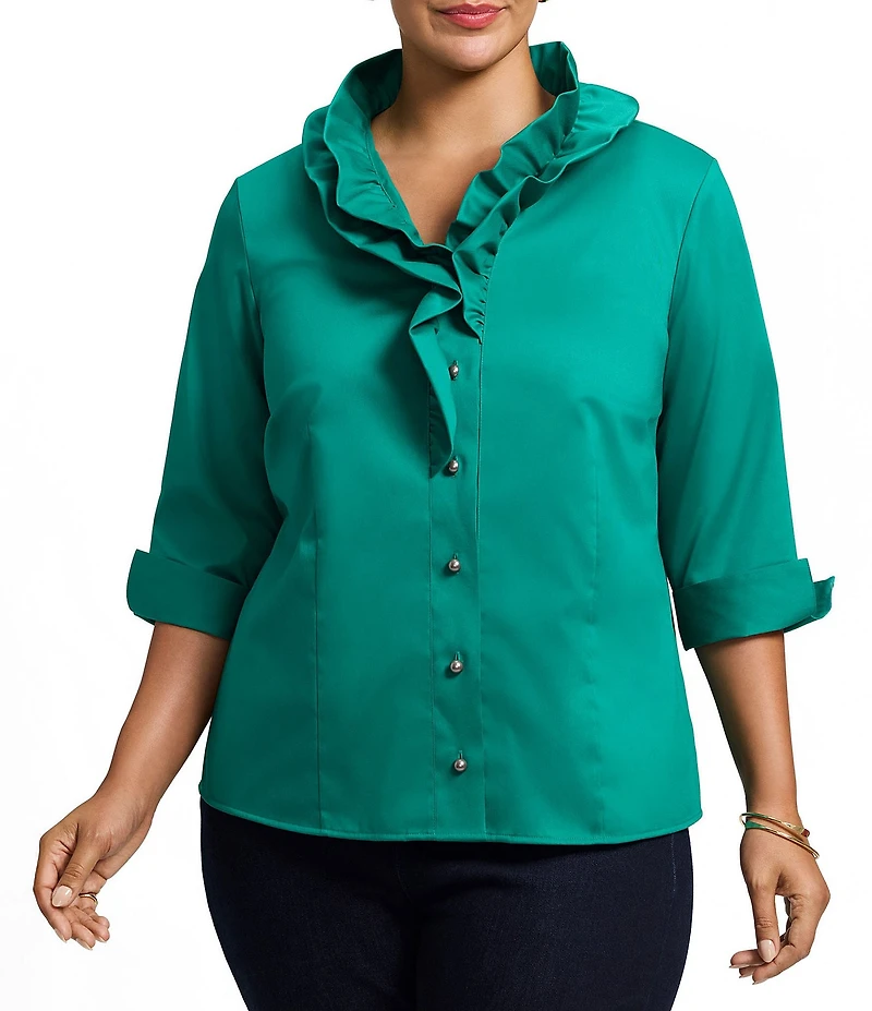 Foxcroft Plus Size Edith Stretch Matte Sateen Double Layer Neck 3/4 Turn-Up Cuff Sleeve Shirt