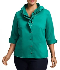 Foxcroft Plus Size Edith Stretch Matte Sateen Double Layer Neck 3/4 Turn-Up Cuff Sleeve Shirt