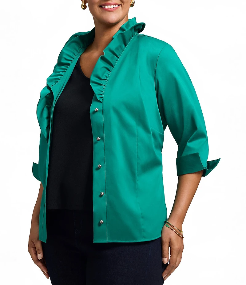 Foxcroft Plus Size Edith Stretch Matte Sateen Double Layer Neck 3/4 Turn-Up Cuff Sleeve Shirt