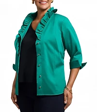Foxcroft Plus Size Edith Stretch Matte Sateen Double Layer Neck 3/4 Turn-Up Cuff Sleeve Shirt