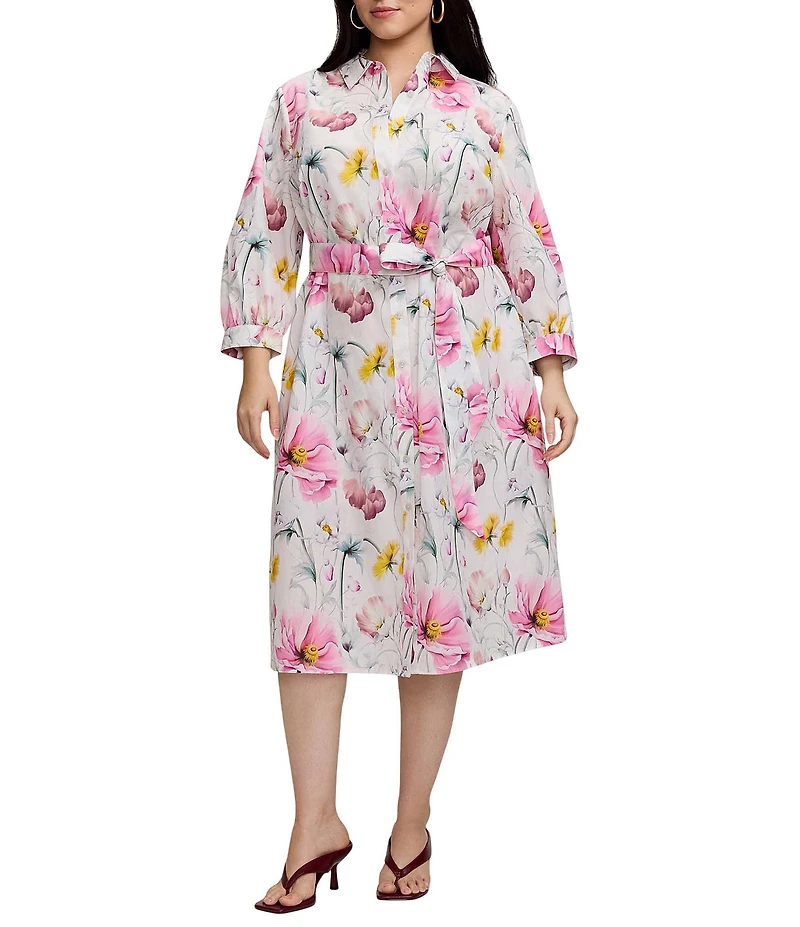 Foxcroft Plus Size Esther Cotton Delicate Floral Point Collar 3/4 Sleeve Midi Shirtdress