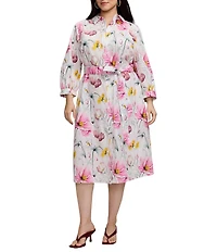Foxcroft Plus Size Esther Cotton Delicate Floral Point Collar 3/4 Sleeve Midi Shirtdress