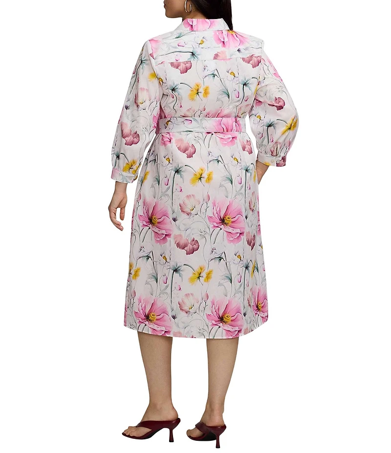 Foxcroft Plus Size Esther Cotton Delicate Floral Point Collar 3/4 Sleeve Midi Shirtdress