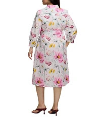 Foxcroft Plus Size Esther Cotton Delicate Floral Point Collar 3/4 Sleeve Midi Shirtdress