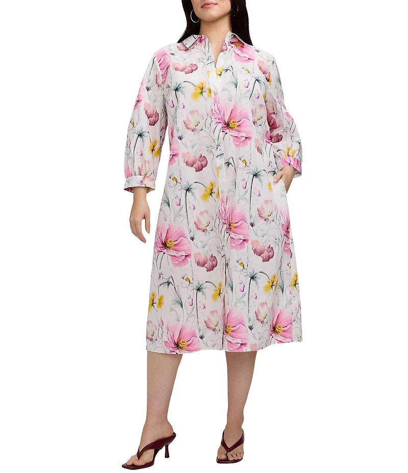 Foxcroft Plus Size Esther Cotton Delicate Floral Point Collar 3/4 Sleeve Midi Shirtdress